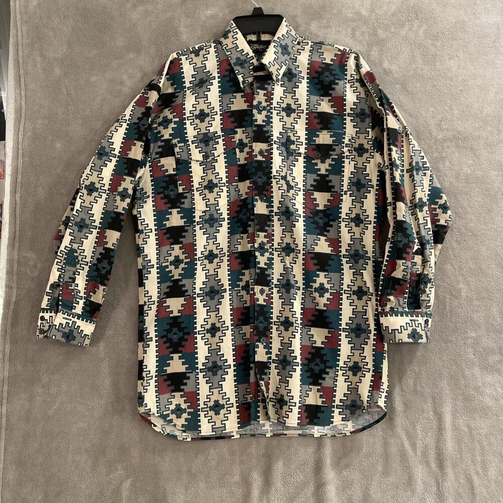 Vtg Western Eds West Signatures‎ Aztec Western Shirt L/S  Mens Size M Geometric